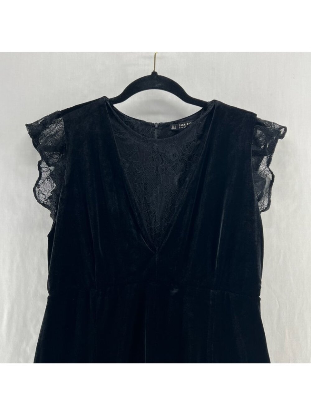 Zara Basic Velvet Lace Mini Dress Womens M Skater Fit Flare Flutter Sleeve Black - Picture 8 of 15